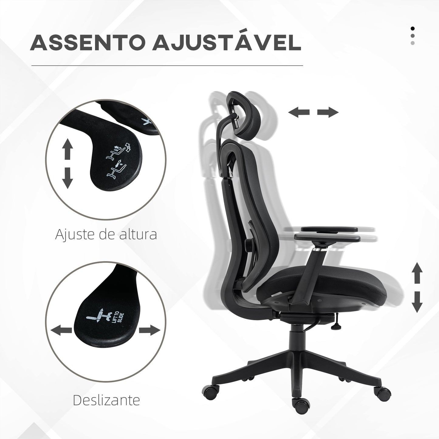 Vinsetto Cadeira de Escritório de Malha Cadeira de Escritório Reclinável com Apoio para a Cabeça Ajustável Suporte Lombar e Apoio para os Braços Carga 150 kg 70x66x120-128 cm Preto