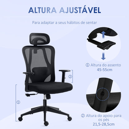 Vinsetto Cadeira de Escritório com Apoio para os Braços 2D Cadeira de Escritório com Altura Ajustável Apoio para a Cabeça Suporte Lombar Alto 67x64x117-127cm Preto