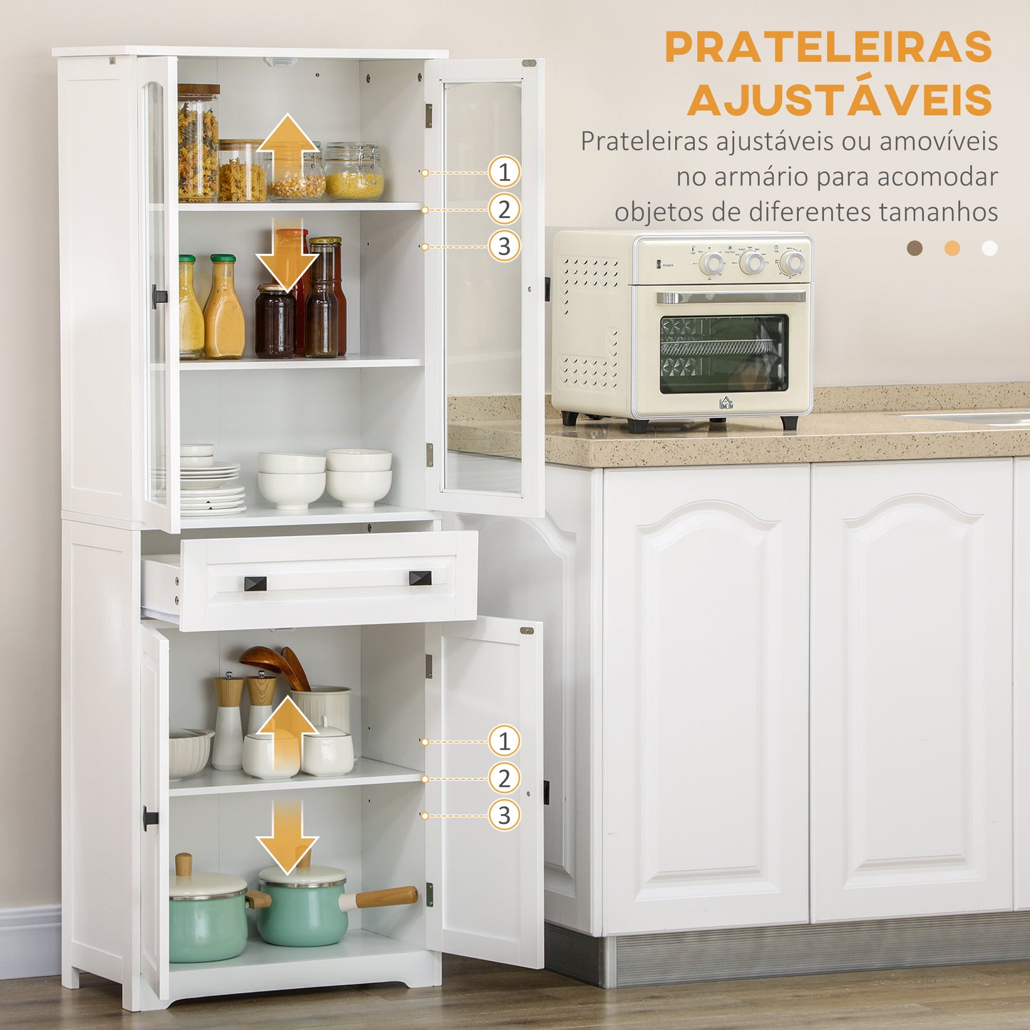 HOMCOM Armário de Cozinha Móvel Auxiliar de Cozinha com 4 Portas 1 Gaveta e 2 Prateleiras Ajustáveis para Sala de Jantar 60x30x160 cm Branco