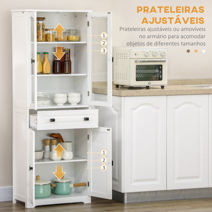 HOMCOM Armário de Cozinha Móvel Auxiliar de Cozinha com 4 Portas 1 Gaveta e 2 Prateleiras Ajustáveis para Sala de Jantar 60x30x160 cm Branco