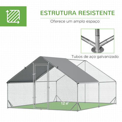 PawHut Galinheiro de Exterior Grande 3x4x2m Gaiola para 8-12 Galinhas de Aço Galvanizado com Teto de PE e Fechadura para Coelhos Prata