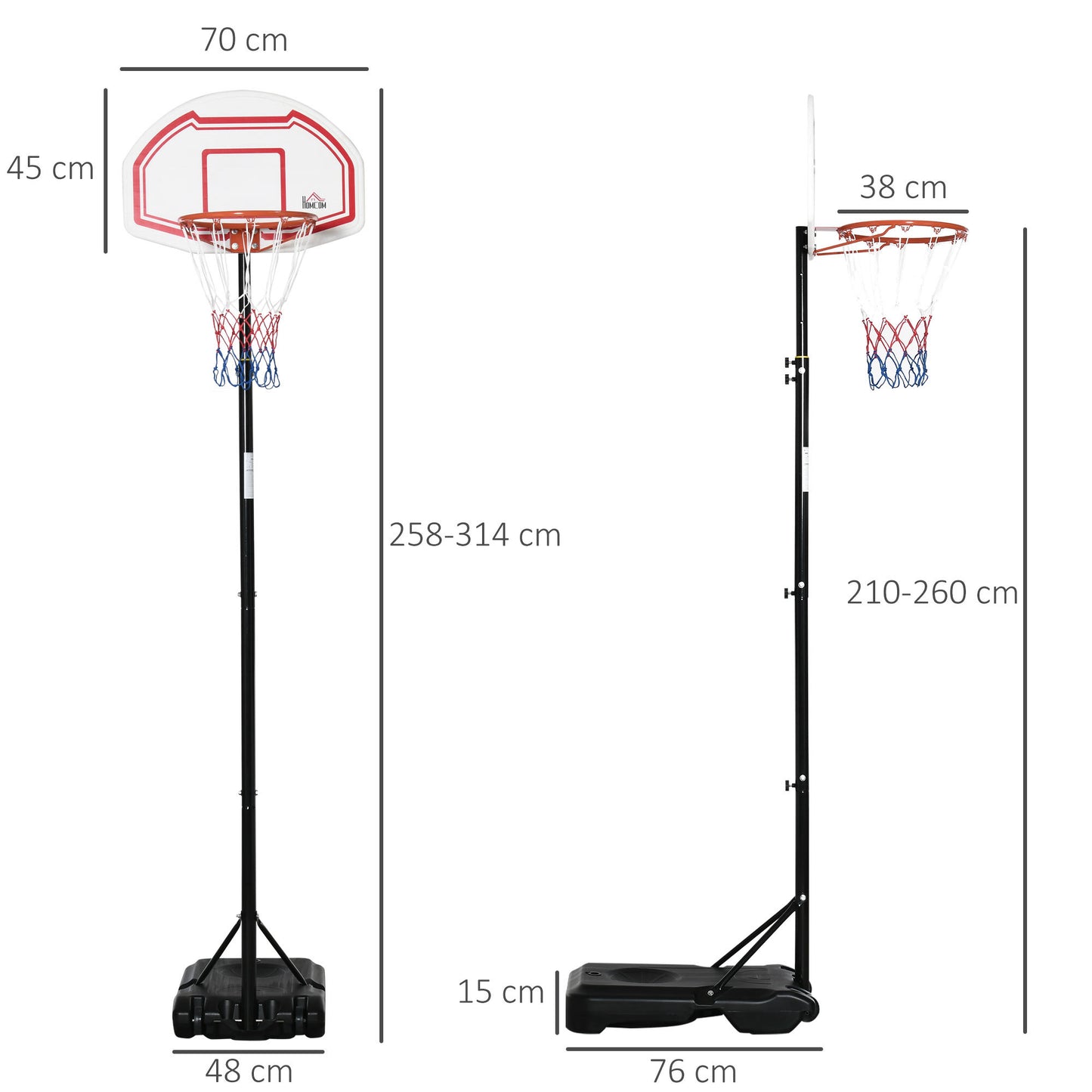 HOMCOM Tabela de Basquetebol para Exterior com Altura Ajustável 258x314 cm Cesta de Basquetebol com Rodas Base Recaregável para Adolescentes e Adultos Preto e Vermelho