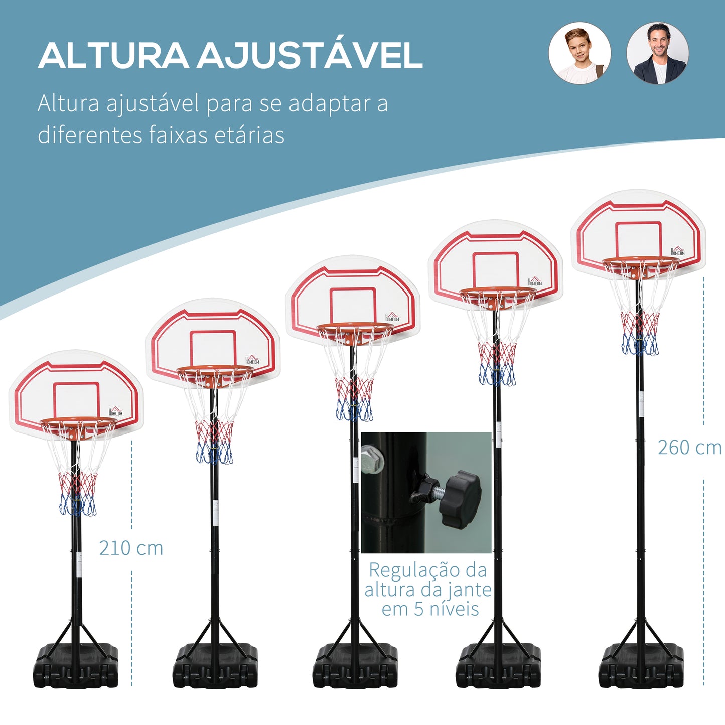 HOMCOM Tabela de Basquetebol para Exterior com Altura Ajustável 258x314 cm Cesta de Basquetebol com Rodas Base Recaregável para Adolescentes e Adultos Preto e Vermelho