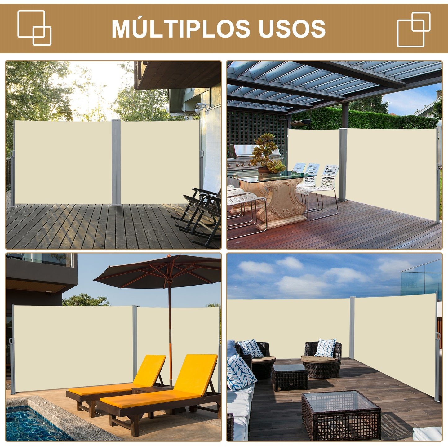 Outsunny Toldo Lateral Retrátil para Terraço Pátio ou Jardim Toldo de Privacidade para Exterior Dobrável 300x180cm Creme