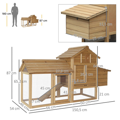 PawHut Galinheiro de Madeira para Exterior Gaiola para 2-3 Galinhas com Cercado de Arame Teto Abatível Caixa Ninho Bandeja Removível e Rampa 150,5x54x87cm Natural