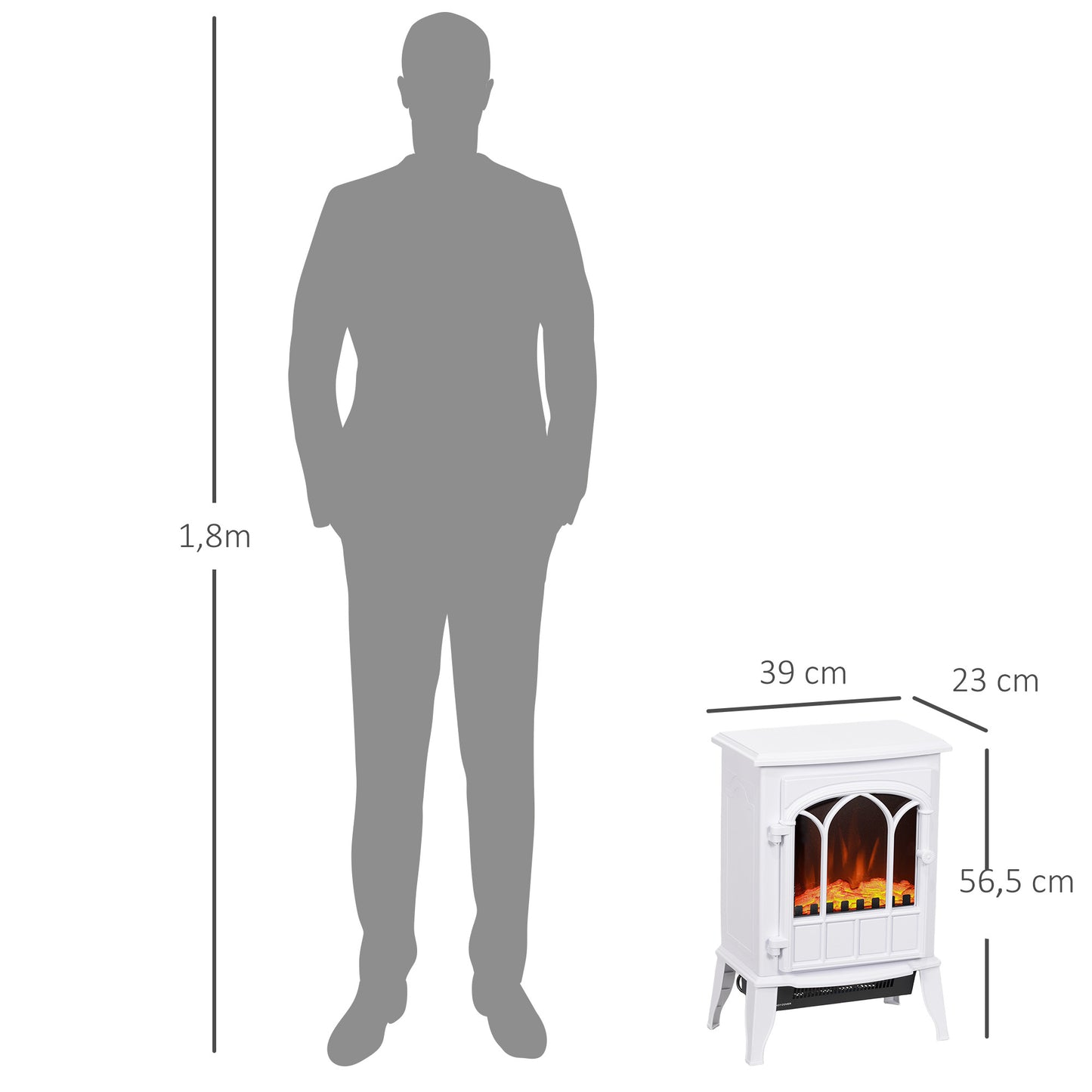 HOMCOM Lareira Elétrica Portátil 1000/2000W com Efeito de Chama Realista e Proteção Contra Superaquecimento para Ambientes entre 15-30m² 39x23x56,5 cm Branco