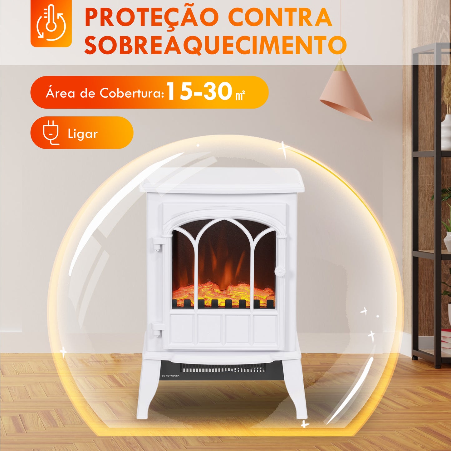 HOMCOM Lareira Elétrica Portátil 1000/2000W com Efeito de Chama Realista e Proteção Contra Superaquecimento para Ambientes entre 15-30m² 39x23x56,5 cm Branco