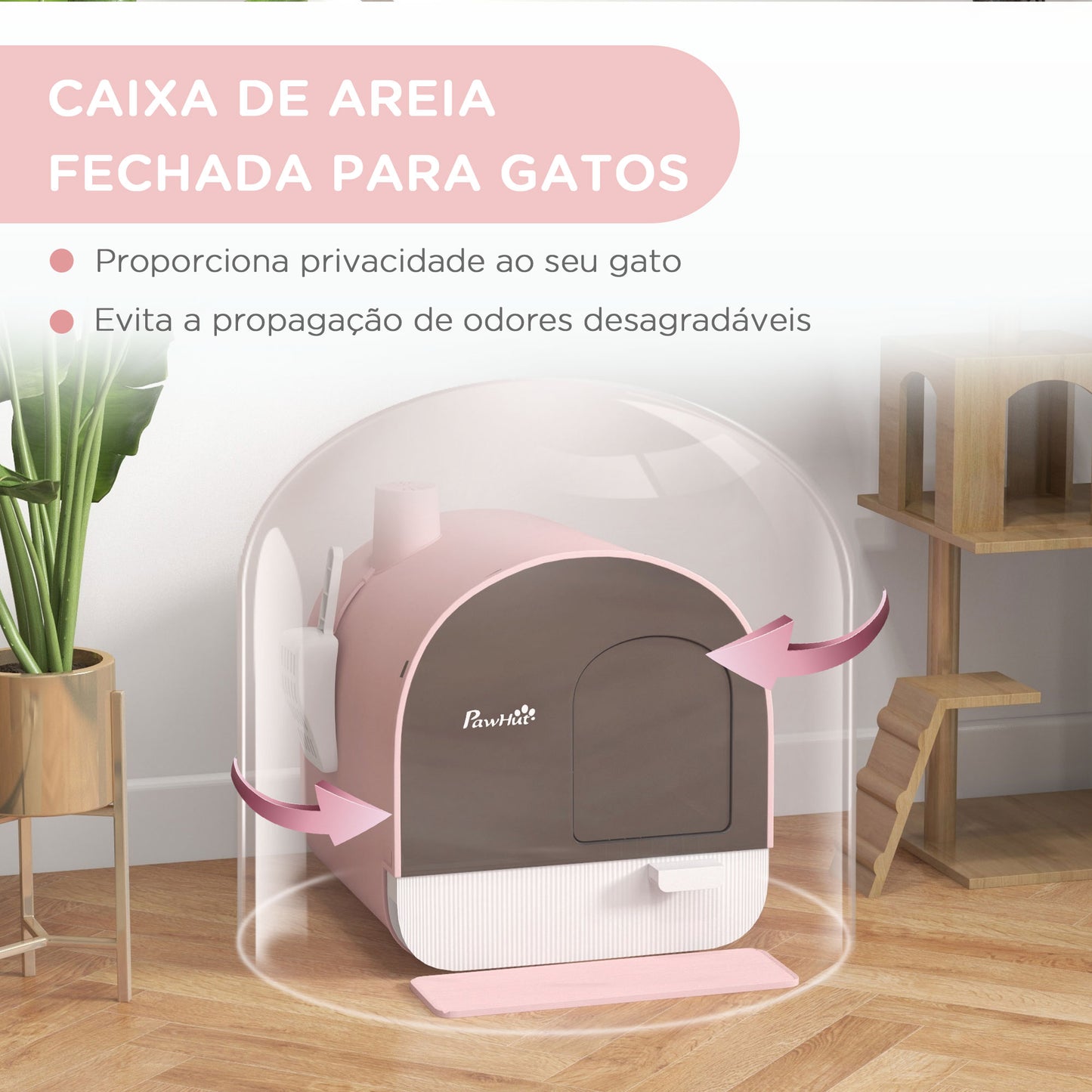 PawHut Caixa de Areia para Gatos Caixa de Areia Fechada para Gatos com Porta Dianteira Bandeja Removível Pá Tapete e Filtro 43x44x47 cm Rosa