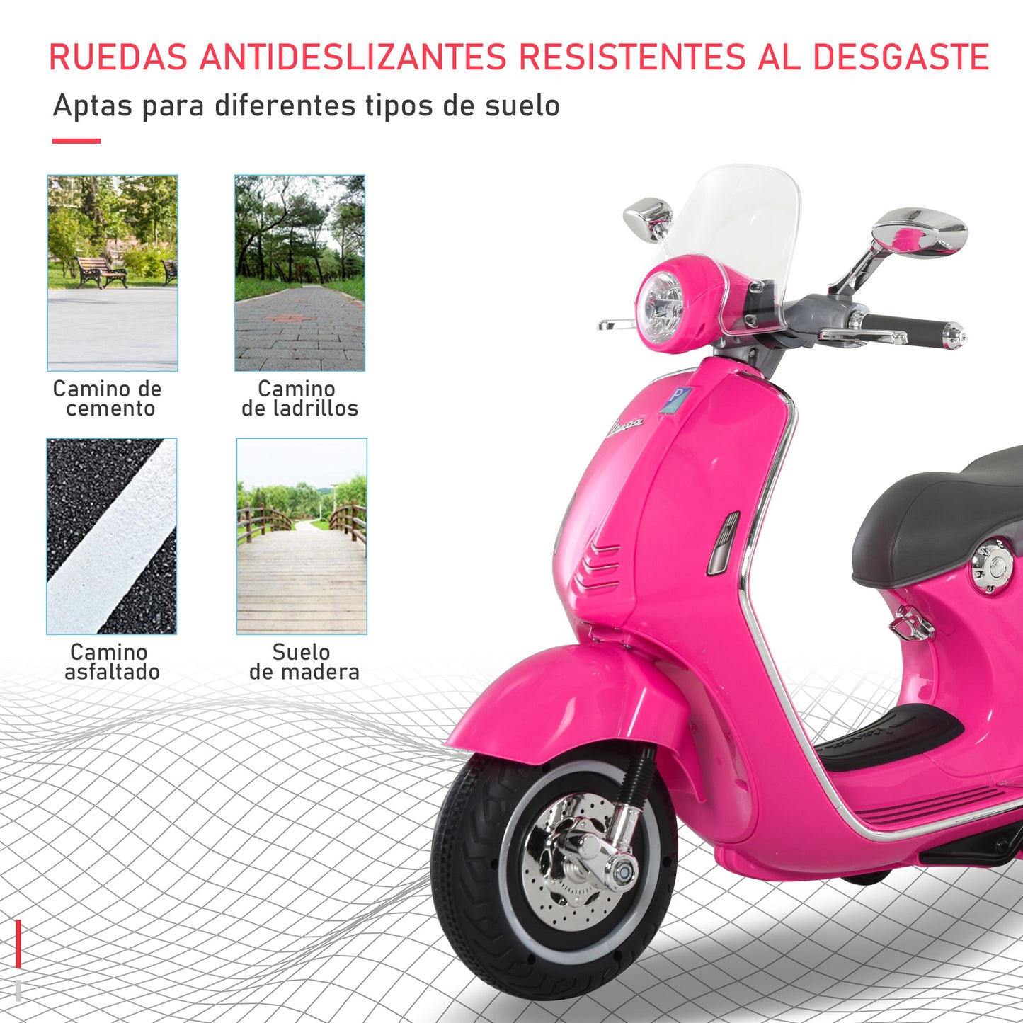 HOMCOM Mota Elétrica Vespa com Faróis Música 2 Rodas Auxiliares para Crianças acima de 3 Anos Mota Elétrica Infantil 108x49x75 cm Rosa