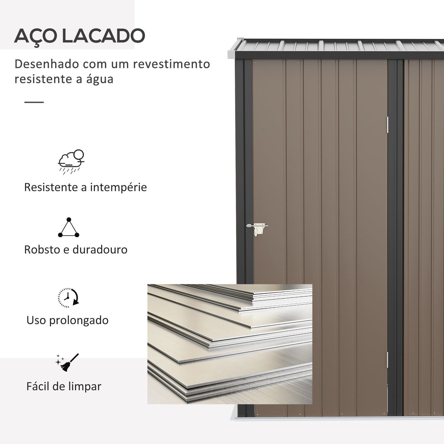 Outsunny Abrigo de Jardim 1,34m² 161,5x94,5x196cm Abrigo de Exterior de Aço Galvanizado com Porta e Fechadura para Armazenamento de Ferramentas Marrom