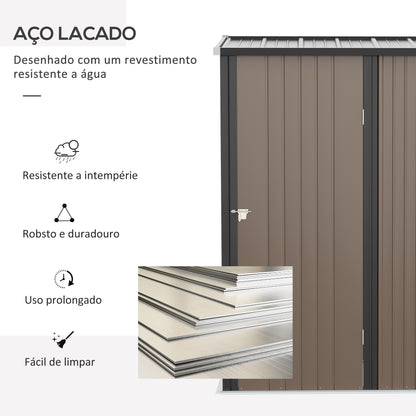 Outsunny Abrigo de Jardim 1,34m² 161,5x94,5x196cm Abrigo de Exterior de Aço Galvanizado com Porta e Fechadura para Armazenamento de Ferramentas Marrom