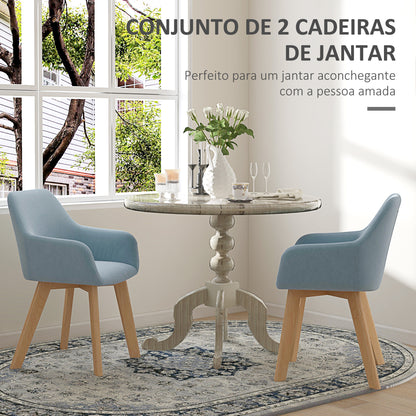 HOMCOM Conjunto de 2 Cadeiras de Sala de Jantar Modernas Cadeiras de Cozinha Estofadas em Veludo com Encosto Médio e Pés de Madeira de Borracha para Sala de Estar Carga 120kg 54x57x80 cm Azul Claro