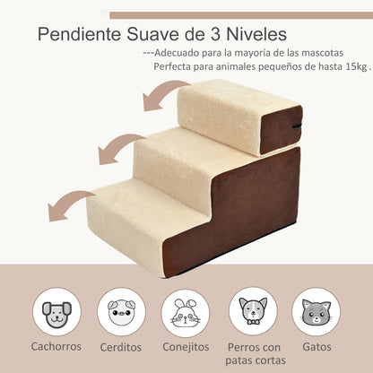 PawHut Escada de 3 degraus para animais de estimação Cães Gatos destacável e capa removível portátil Carga 5 kg 54x40x39 cm Marrom e bege