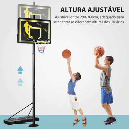 SPORTNOW Tabela de Basquetebol com Rodas Altura Ajustável 230-305cm Cesta de Basquetebol com Suporte Tabela de PE e Base Recarregável para Exteriores 110x45x290-360cm Preto e Amarelo