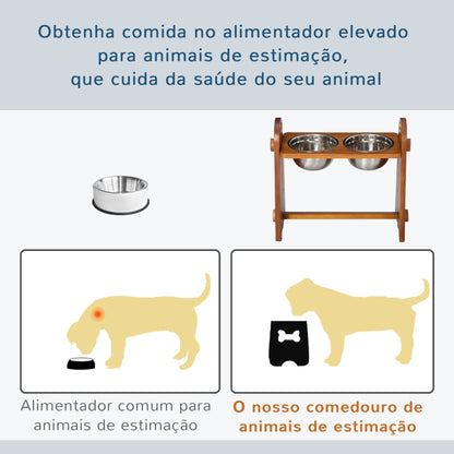 PawHut Comedouro Elevado para Cães com 2 Tigelas de 1250ml e Altura Ajustável em 4 Níveis Comedouro para Animais de Estimação com Tigelas de Aço Inoxidável e Base Antiderrapante 49x25x41cm Marrom