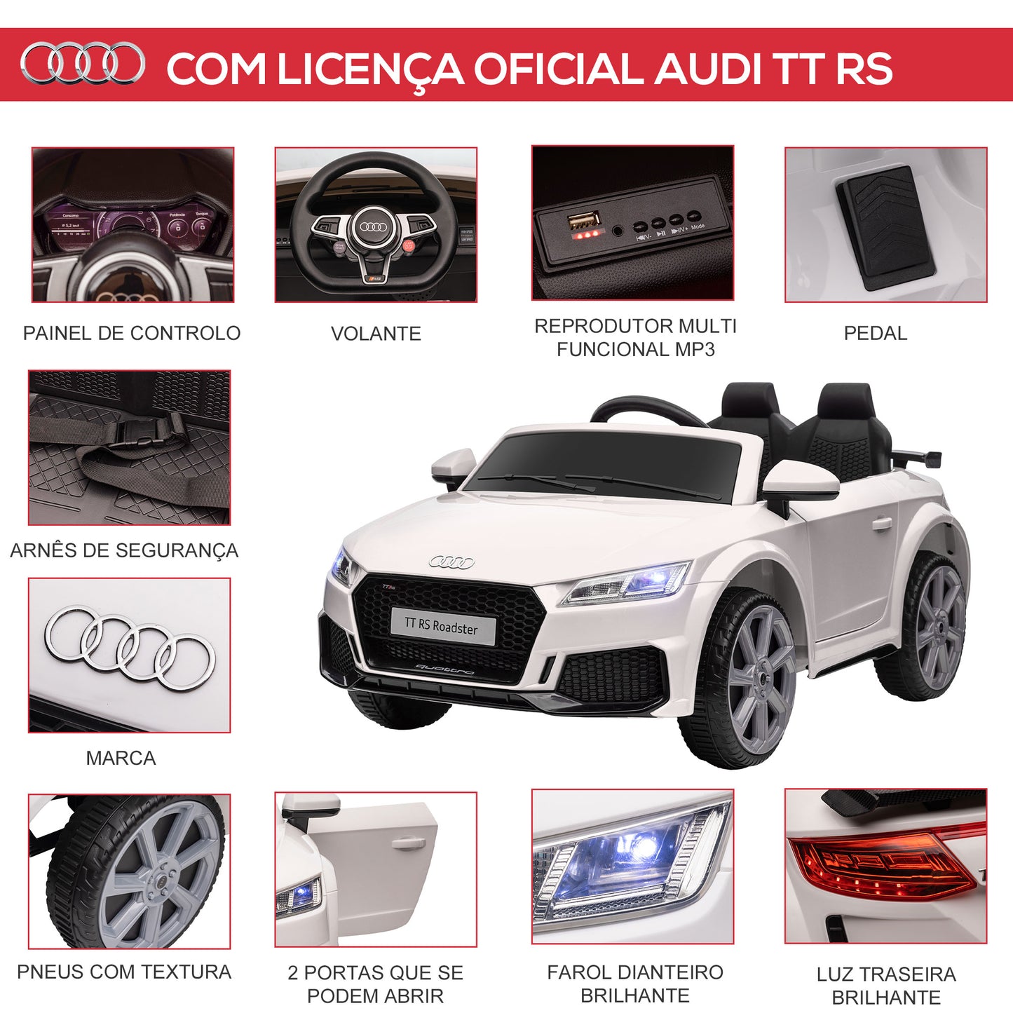 HOMCOM Carro Elétrico Audi TT para Crianças acima de 3 Anos com Controlo Remoto Música e Luzes Bateria 12V Abertura da Porta 102x60x44 cm Branco