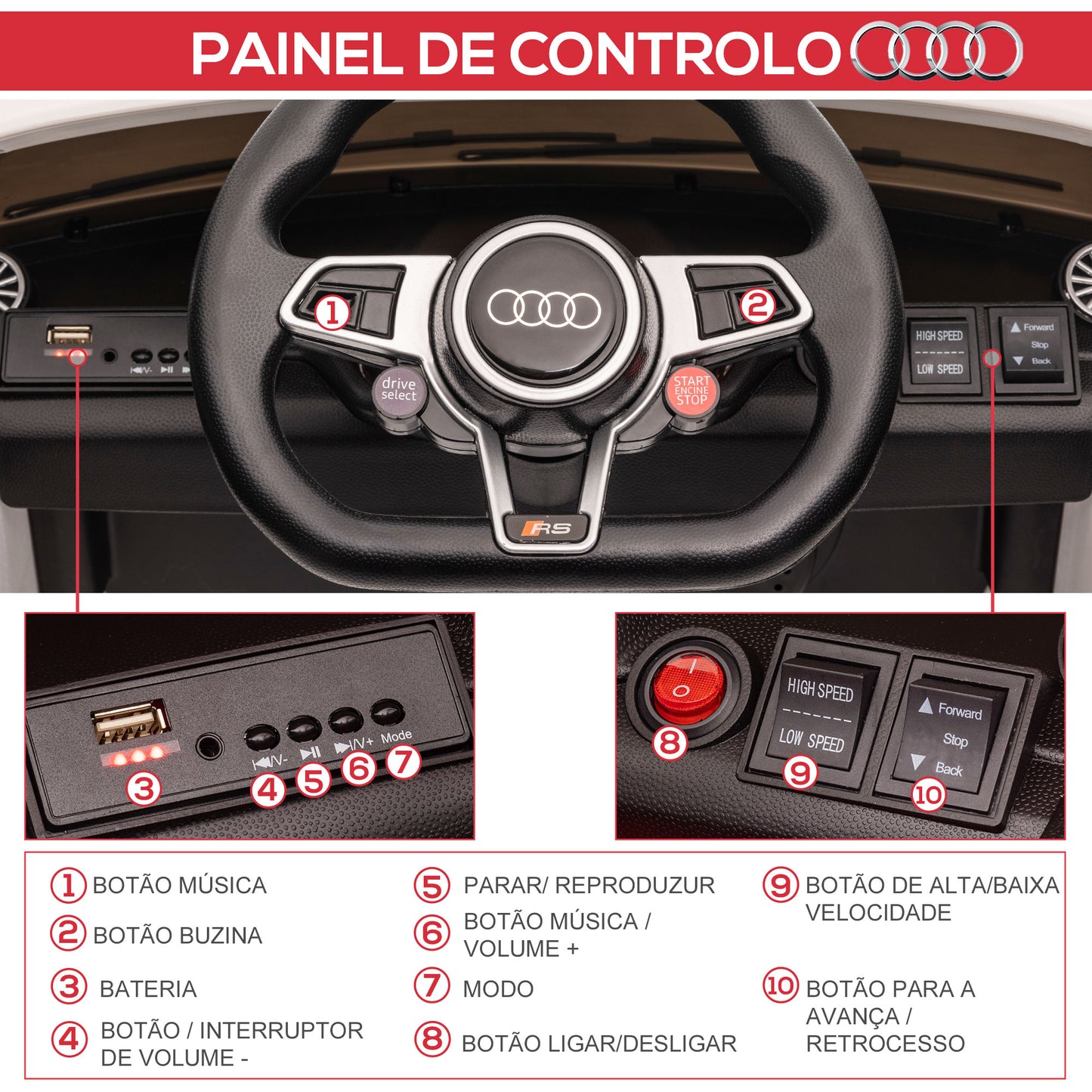 HOMCOM Carro Elétrico Audi TT para Crianças acima de 3 Anos com Controlo Remoto Música e Luzes Bateria 12V Abertura da Porta 102x60x44 cm Branco