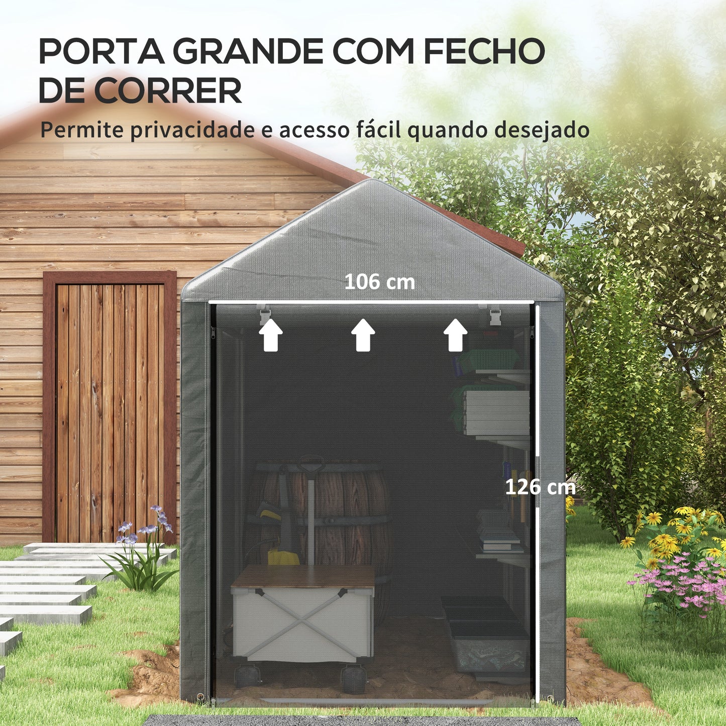 Outsunny Abrigo para Ferramentas Bicicletas e Motos 1,2x1,8x1,65 m Garagem Portátil com 2 Habitações Porta com Fecho de Correr Impermeável Anti-UV para Jardim Cinza Escuro