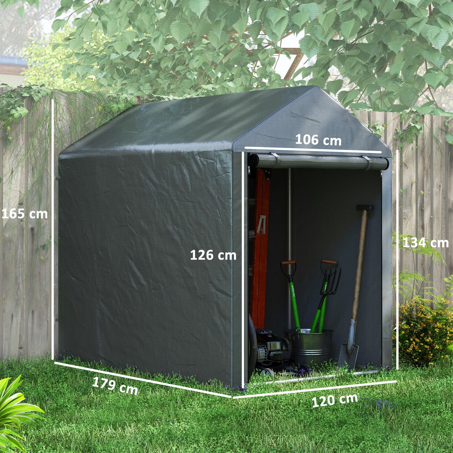 Outsunny Abrigo para Ferramentas Bicicletas e Motos 1,2x1,8x1,65 m Garagem Portátil com 2 Habitações Porta com Fecho de Correr Impermeável Anti-UV para Jardim Cinza Escuro