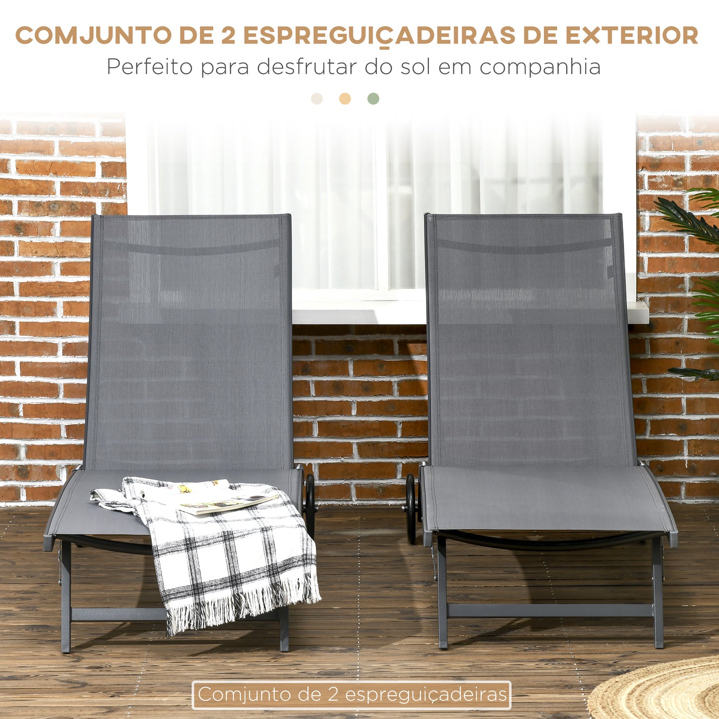 Outsunny Conjunto de 2 Espreguiçadeiras Reclináveis de Jardim Espreguiçadeiras de Alumínio para Exterior com Encosto Ajustável em 5 Níveis e Rodas para Praia Piscina 165x66x102cm Cinza