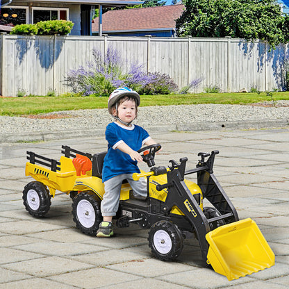 Trator a Pedais para Crianças acima de 3 Anos Trator Infantil com Reboque e Pá Escavadora Carga Máxima 35 kg 167x41x52 cm Amarelo e Preto