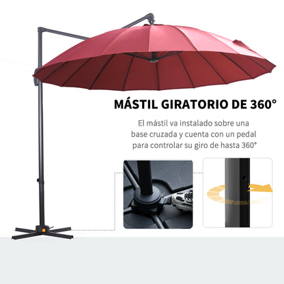 Outsunny Chapéu de Sol Excêntrico Ø300 cm com Manivela Mastro Giratório 360º Teto Inclinável em 6 Posições e Base Cruzada Incluída Vinho