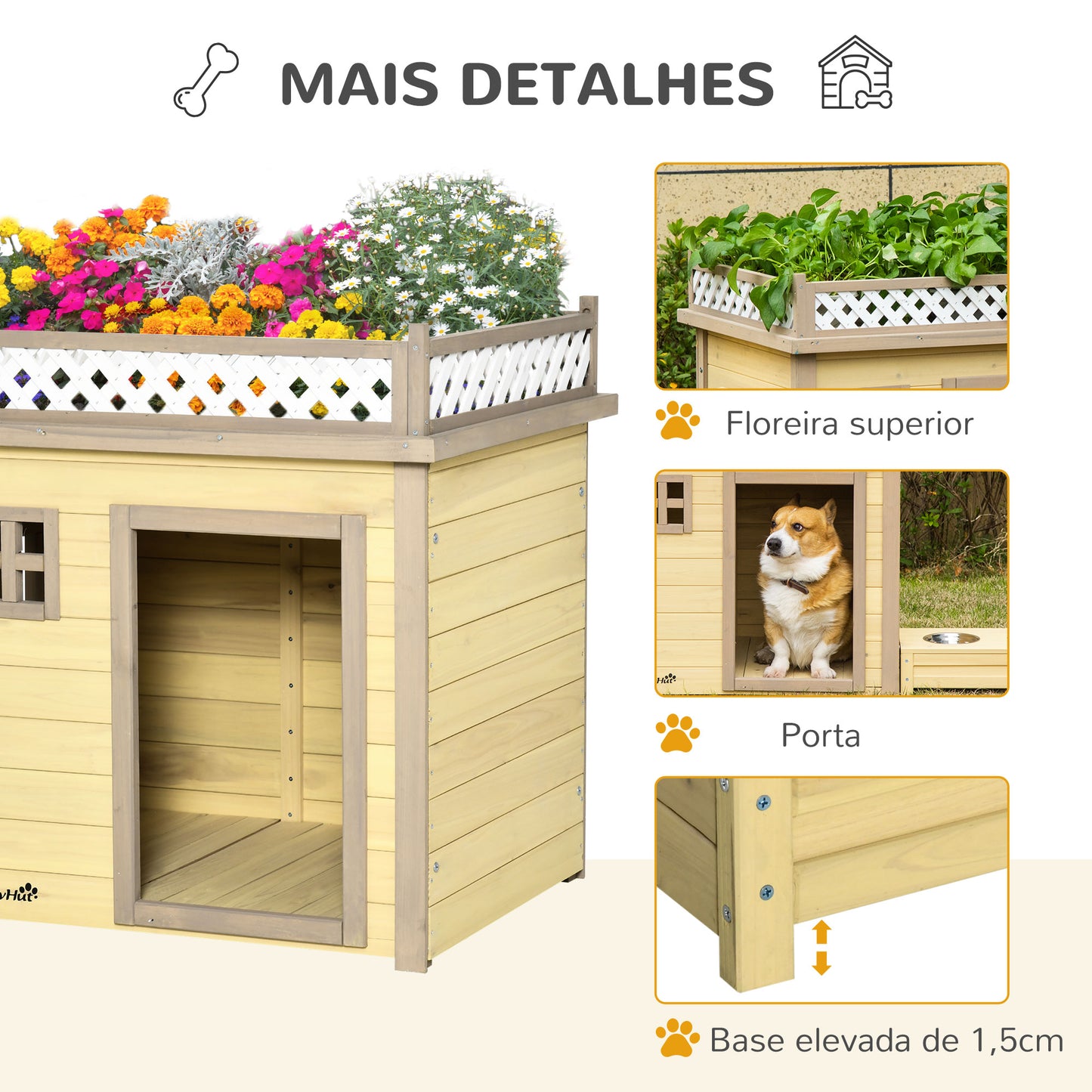 PawHut Casa para Cães de Madeira Casa para Cães Pequenos com 2 Janelas 2 Tigelas de Aço Inoxidável e Espaço de Cultivo para Interior e Exterior 105x65x80cm Natural