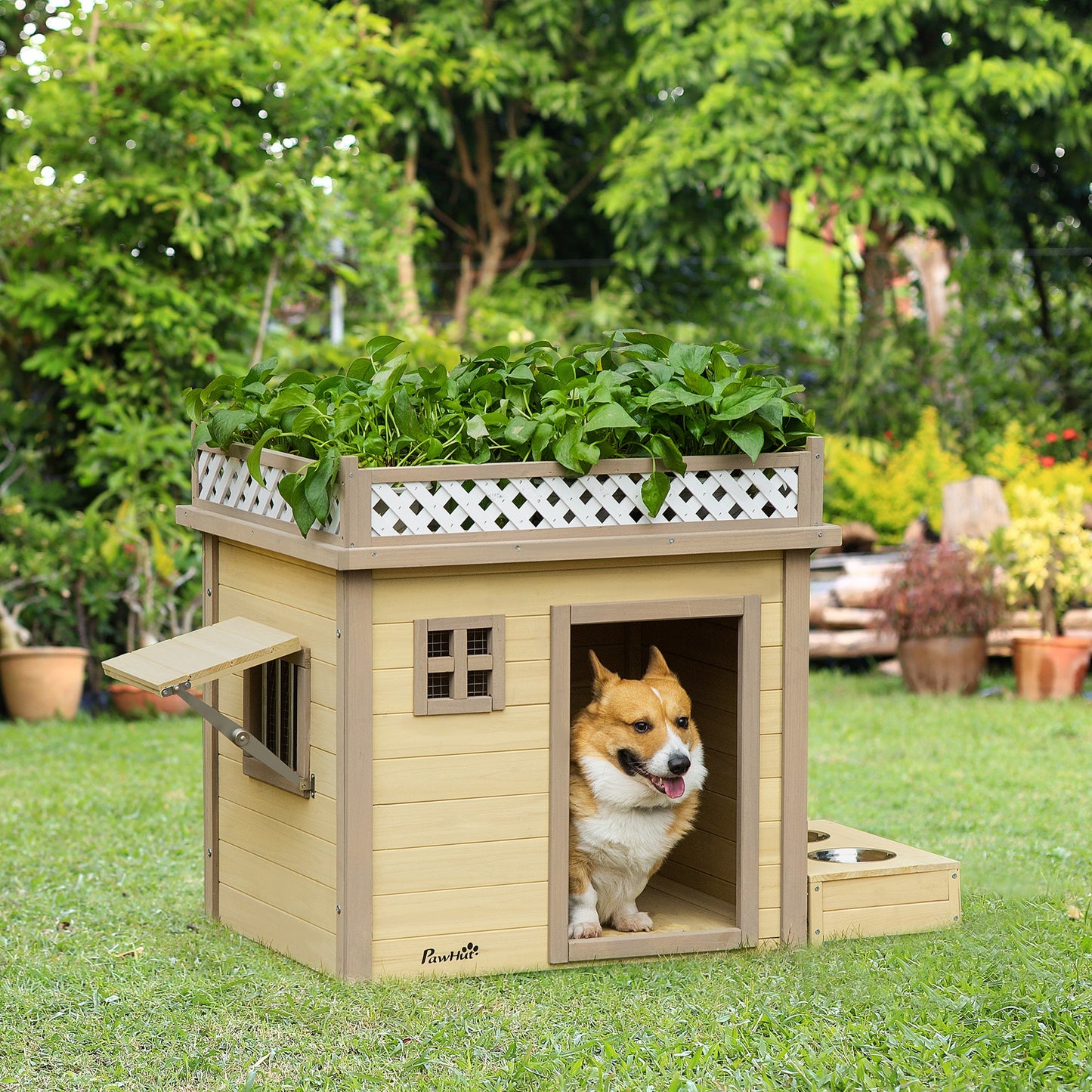 PawHut Casa para Cães de Madeira Casa para Cães Pequenos com 2 Janelas 2 Tigelas de Aço Inoxidável e Espaço de Cultivo para Interior e Exterior 105x65x80cm Natural