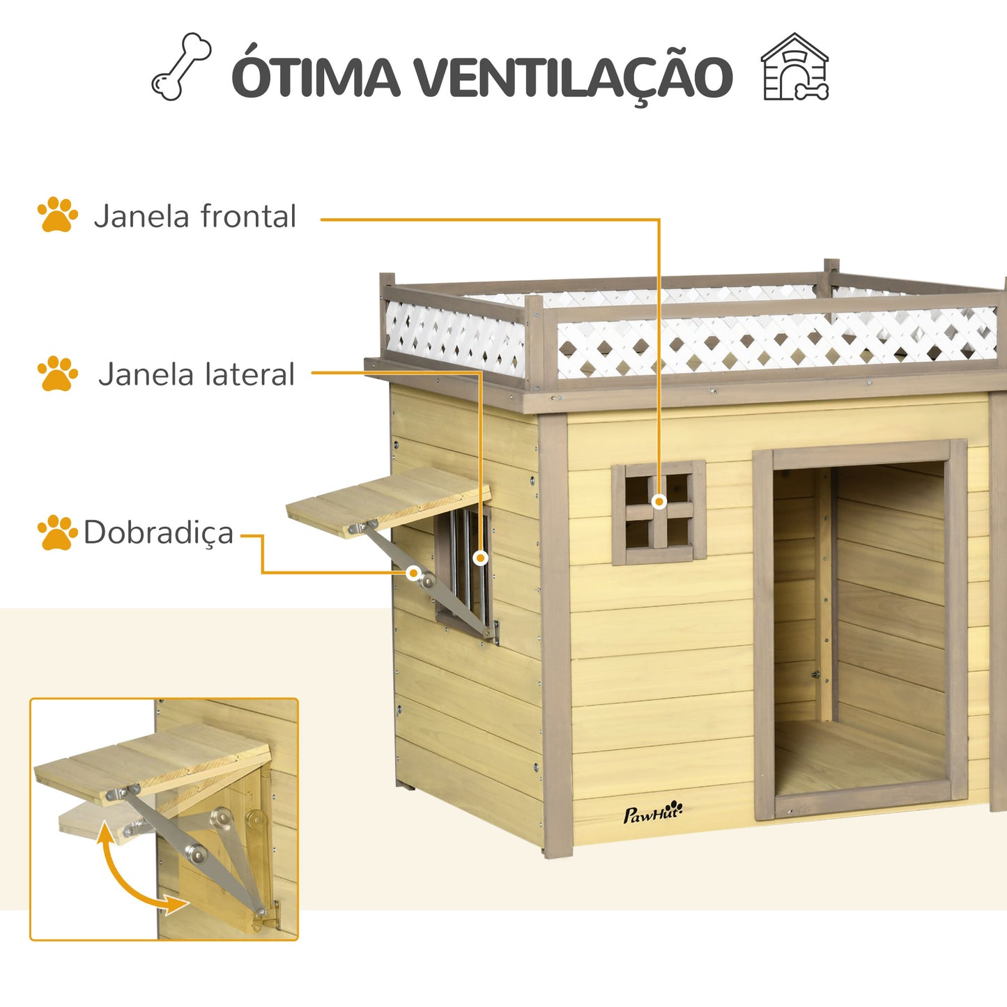 PawHut Casa para Cães de Madeira Casa para Cães Pequenos com 2 Janelas 2 Tigelas de Aço Inoxidável e Espaço de Cultivo para Interior e Exterior 105x65x80cm Natural