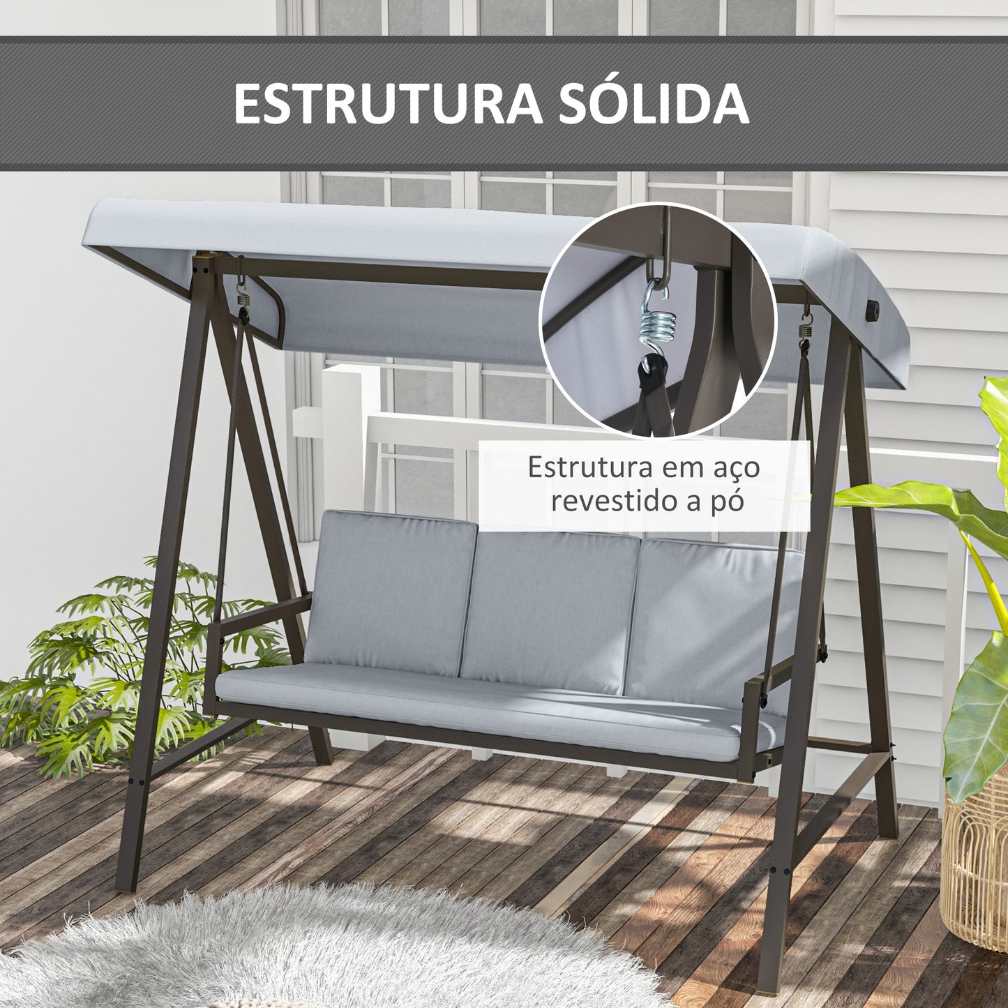 Outsunny Baloiço de Jardim de 3 Lugares Baloiço de Exterior com Toldo Ajustável Almofadas Removíveis e Estrutura de Aço 200x125x175 cm Cinza