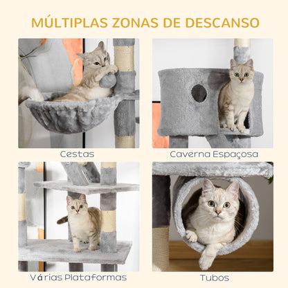 PawHut Arranhador para Gatos do Chão ao Teto de 240-260 cm Arranhador para Gatos com Altura Ajustável Múltiplas Plataformas Caverna e Rampas Cinza