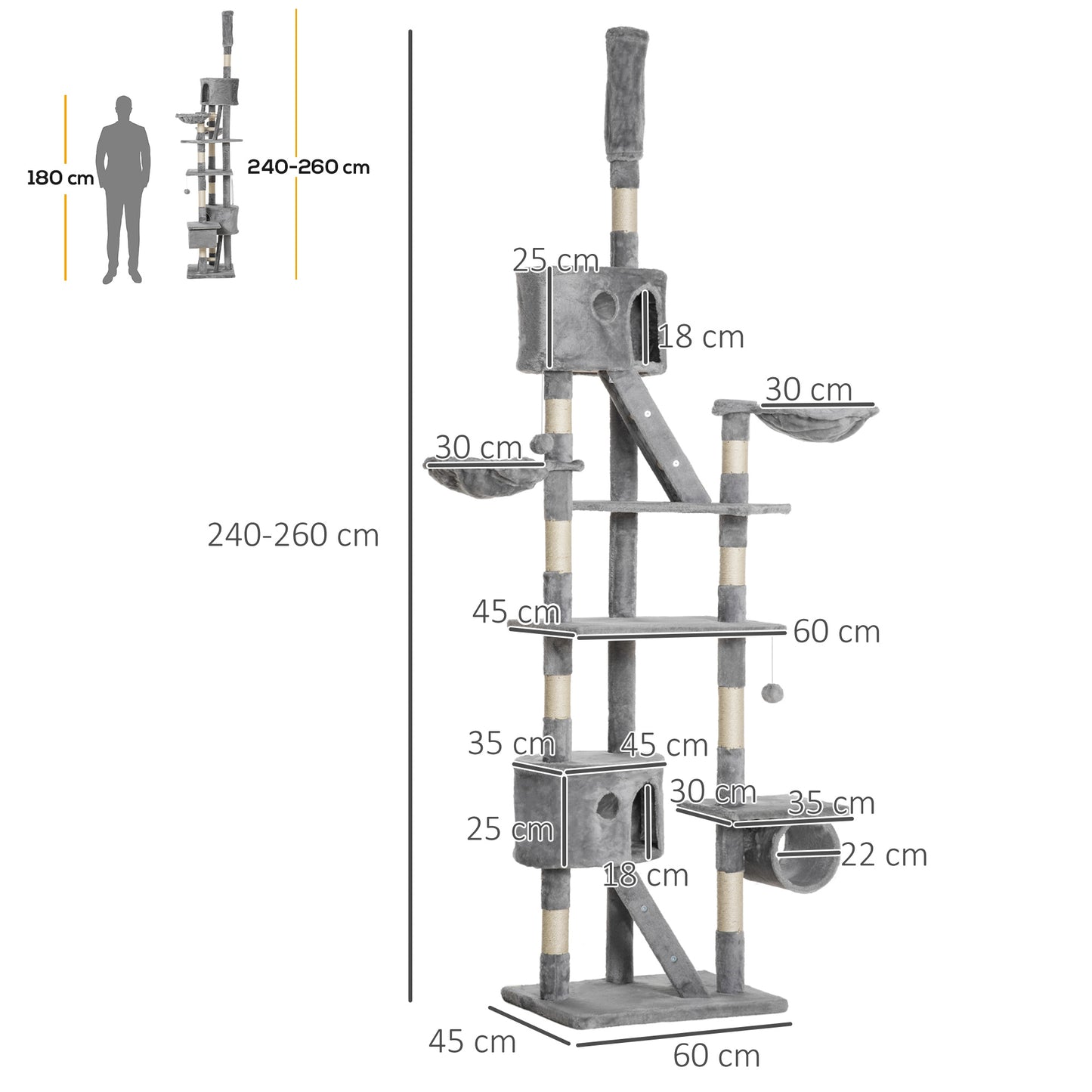 PawHut Arranhador para Gatos do Chão ao Teto de 240-260 cm Arranhador para Gatos com Altura Ajustável Múltiplas Plataformas Caverna e Rampas Cinza