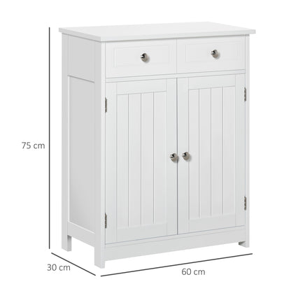 kleankin Armário Auxiliar Casa de Banho Móvel Auxiliar de Casa de Banho com 2 Gavetas 2 Portas e Prateleira Ajustável Estilo Moderno para Duche Dormitório 60x30x75cm Branco