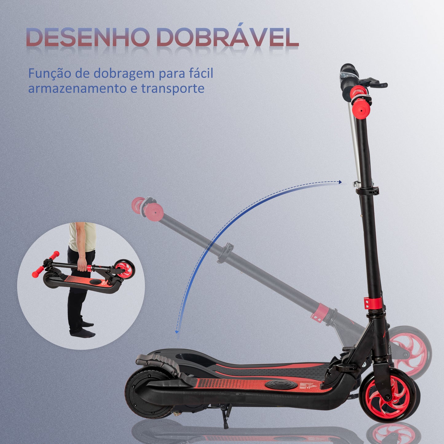 HOMCOM Trotinete Elétrica para Crianças acima de 6 Anos Trotinete Elétrica Dobrável com Altura Ajustável Bateria 24V Velocidade Máxima 8km/h Carga Máxima 50kg 71x36,5x75-80cm Vermelho