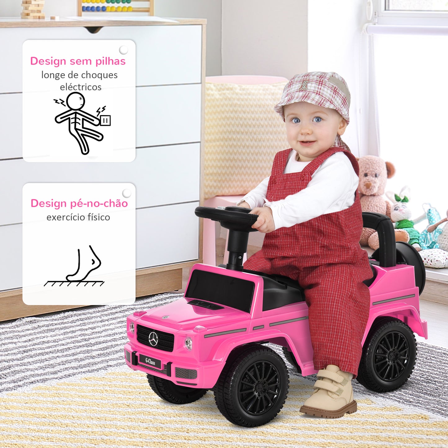 HOMCOM Carro Andador para Bebés de 12 a 36 Meses Carro Andador com Licença Mercedes G350 com Compartimento de Arrumação e Volante Carga 25 kg 62,5x28,5x45 cm Rosa