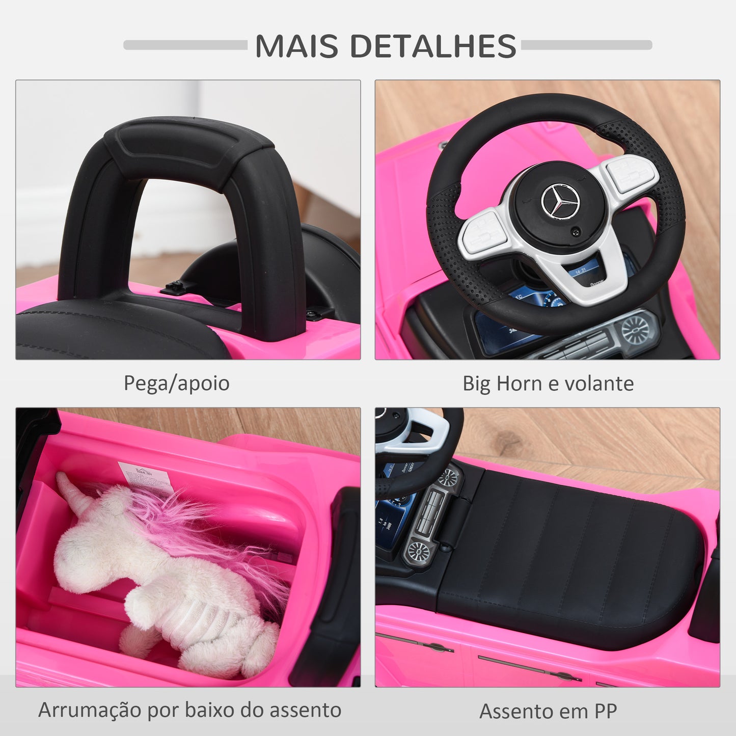 HOMCOM Carro Andador para Bebés de 12 a 36 Meses Carro Andador com Licença Mercedes G350 com Compartimento de Arrumação e Volante Carga 25 kg 62,5x28,5x45 cm Rosa