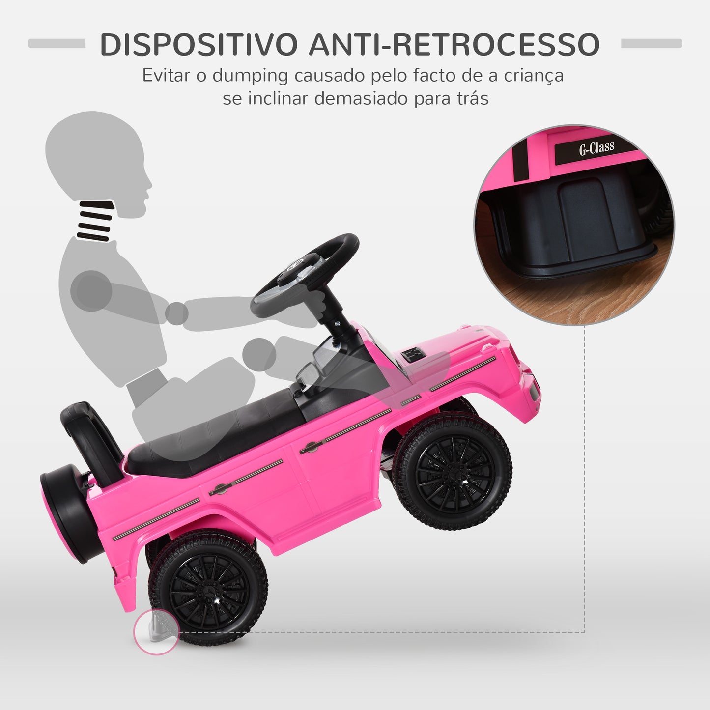 HOMCOM Carro Andador para Bebés de 12 a 36 Meses Carro Andador com Licença Mercedes G350 com Compartimento de Arrumação e Volante Carga 25 kg 62,5x28,5x45 cm Rosa