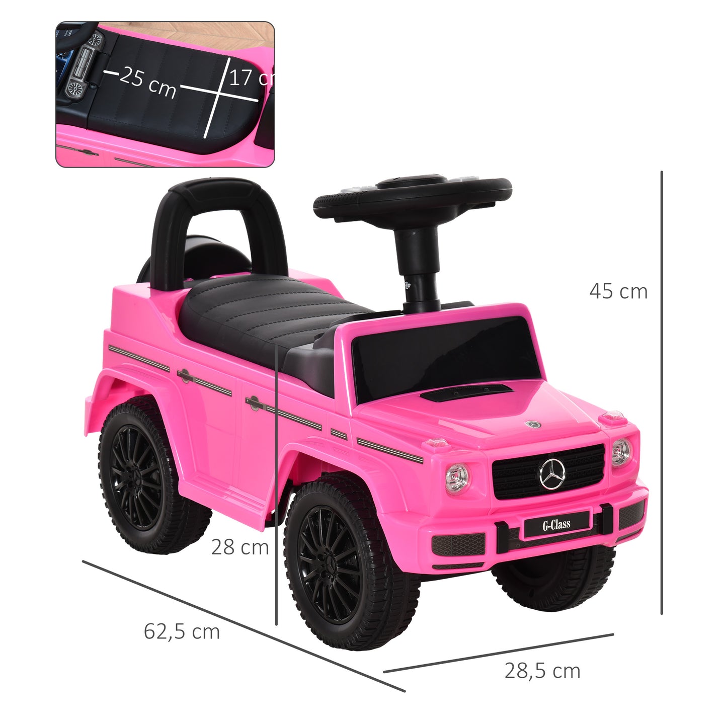 HOMCOM Carro Andador para Bebés de 12 a 36 Meses Carro Andador com Licença Mercedes G350 com Compartimento de Arrumação e Volante Carga 25 kg 62,5x28,5x45 cm Rosa