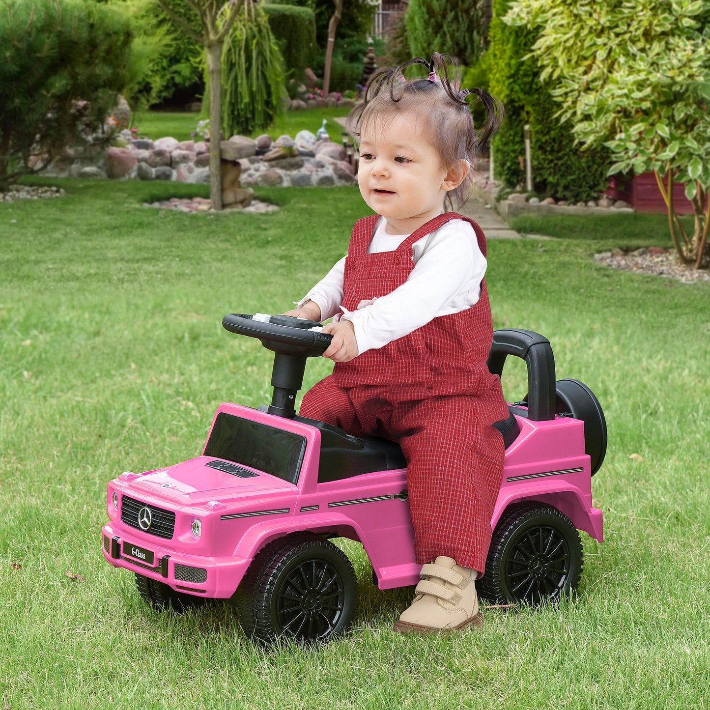 HOMCOM Carro Andador para Bebés de 12 a 36 Meses Carro Andador com Licença Mercedes G350 com Compartimento de Arrumação e Volante Carga 25 kg 62,5x28,5x45 cm Rosa