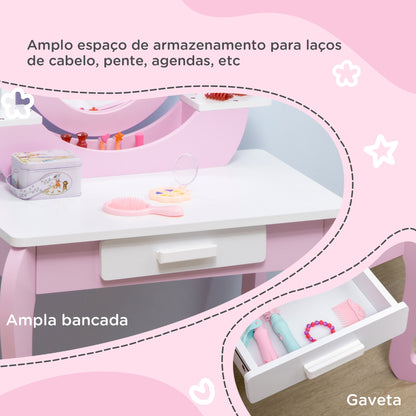 ZONEKIZ Toucador Infantil com Banco e Espelho Toucador Infantil de Madeira com Gaveta Mesa de Maquilhagem para Crianças entre 3-6 Anos 65,5x46x93cm Rosa