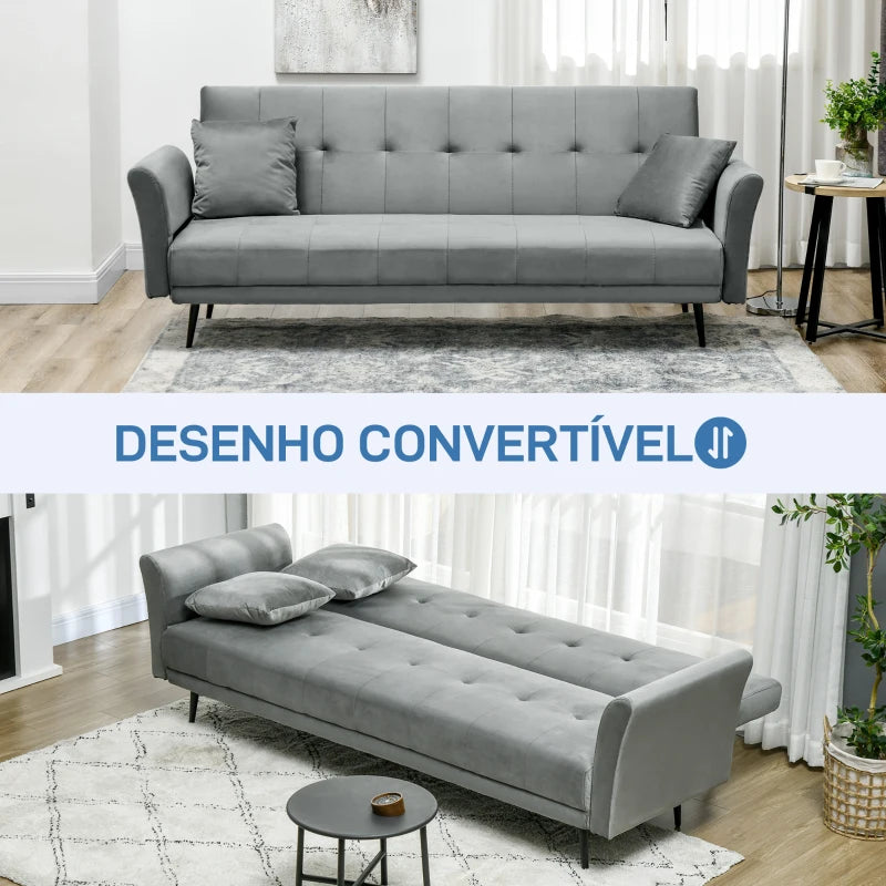 Sofá Cama Convertível Sofá Cama de 3 Lugares com Encosto Ajustável de 3 Níveis e 2 Almofadas Acolchoadas Carga 360 kg para Escritório Dormitório Sala de Estar Cinza