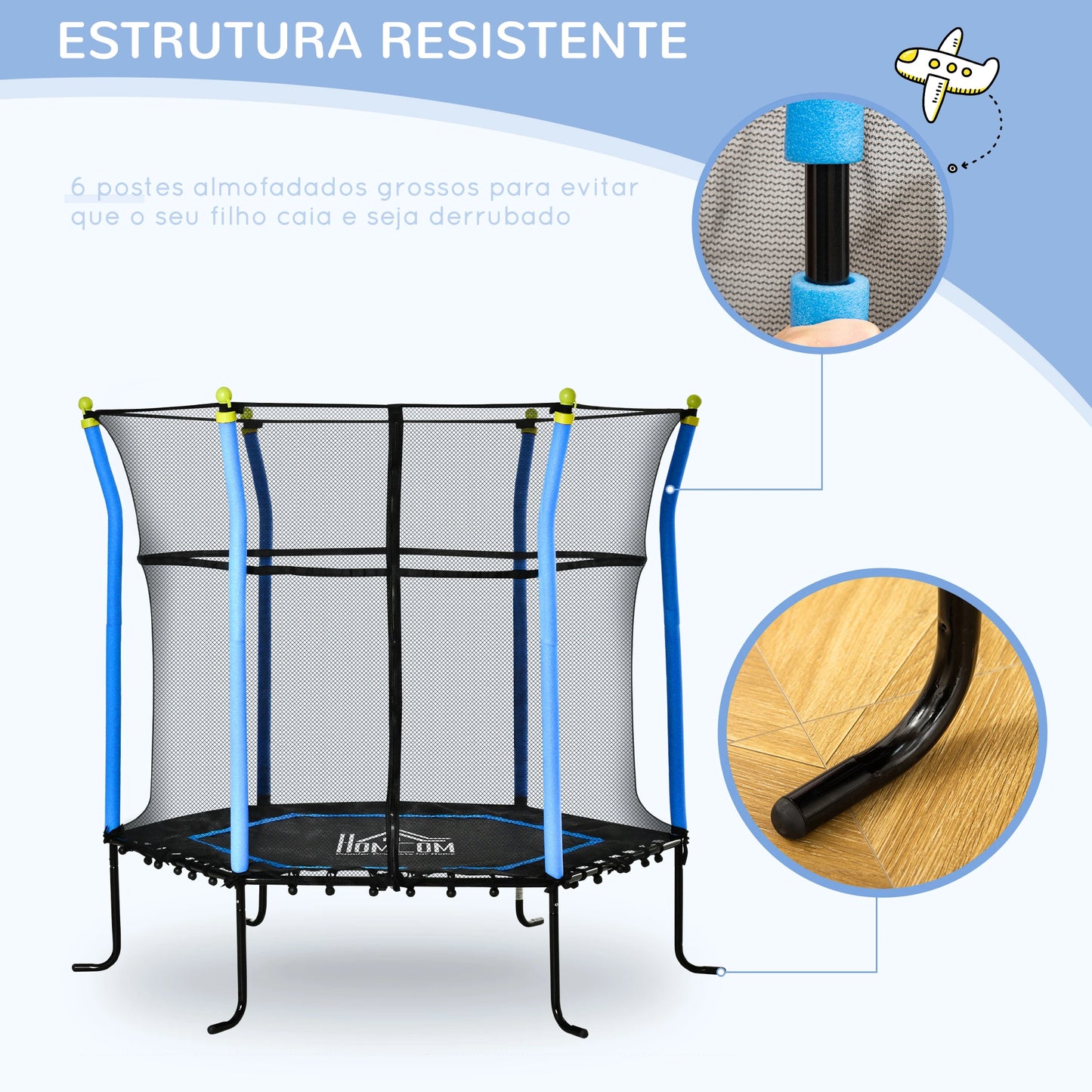 Trampolim para Crianças acima de 3 Anos Cama Elástica Infantil com Rede de Segurança e Estrutura de Aço para Interiores e Exteriores Carga 60kg Ø161x163 cm Azul