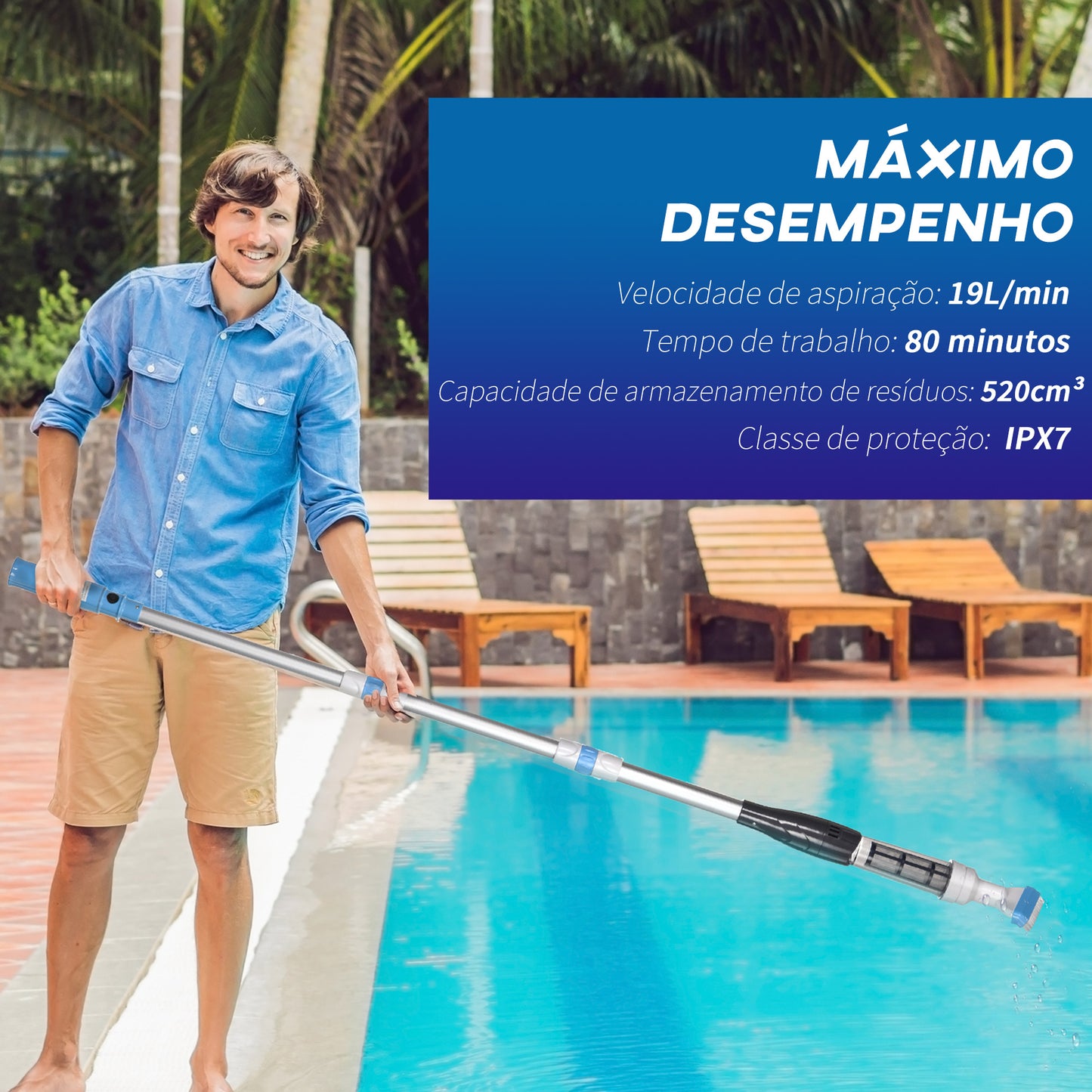 Outsunny Limpador Elétrico para Piscinas de Alumínio Aspirador de Piscina Manual com Escova e Poste Telescópico de 3 Sessões Ø6x162 cm Multicor