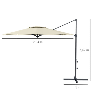 Outsunny Chapéu de Sol Excêntrico Ø294x242 cm Chapéu de Sol de Jardim com Altura Ajustável Mastro Giratório 360° Ângulo Ajustável e Ventilação Superior para Pátio Piscina Creme