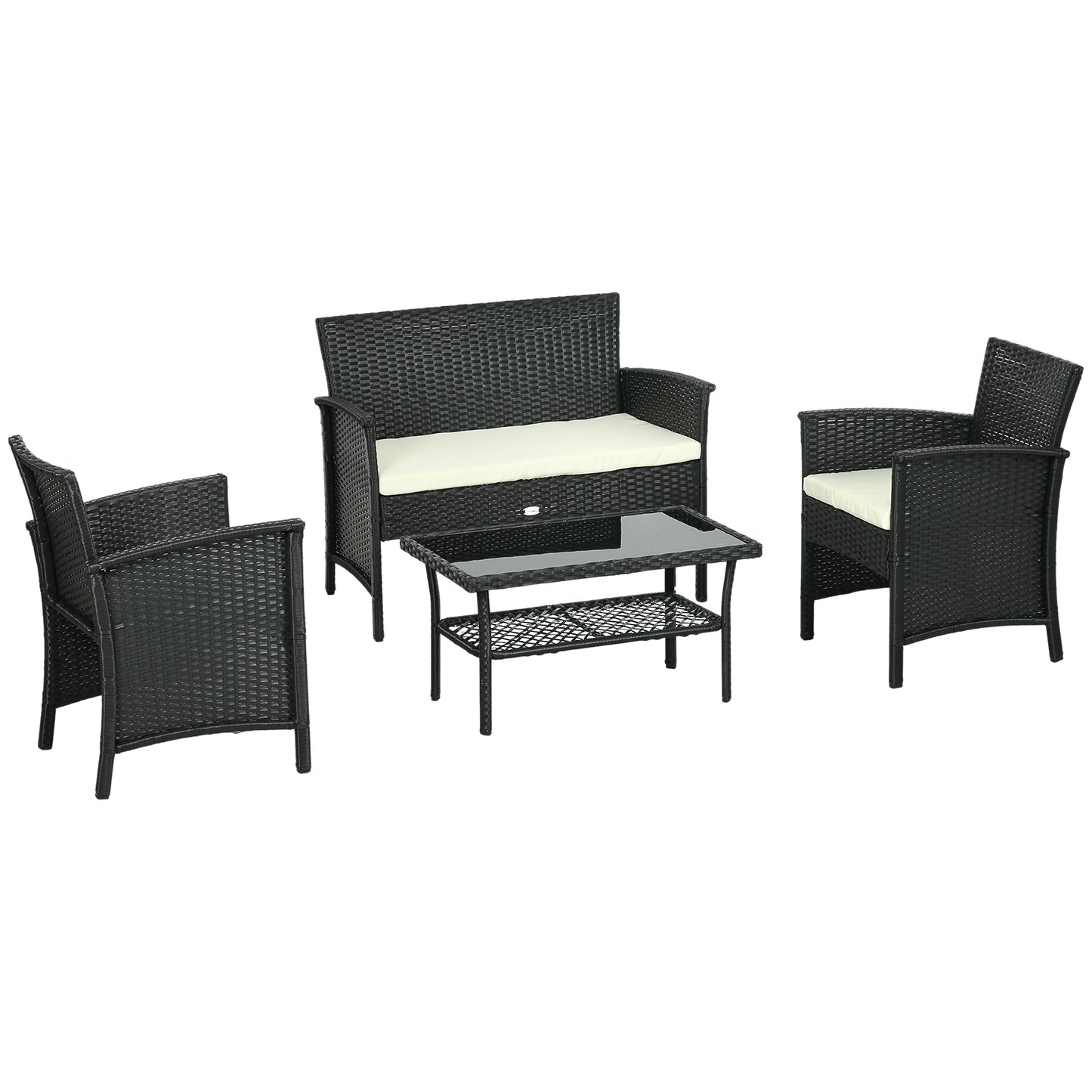 Outsunny Conjunto de Jardim de Vime Sintético Conjunto de 4 Peças Móveis de Jardim com 2 Poltronas 1 Sofá Duplo 1 Mesa de Centro com Tampo de Vidro e Almofadas Preto e Creme