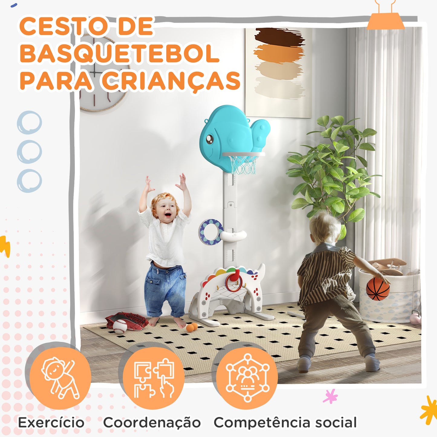 AIYAPLAY Cesta de Basquetebol Infantil 5 em 1 Cesta de Basquetebol para Crianças com Altura Ajustável com Tema Peixe Dourado Futebol Golf Jogo de Lançamento de Bola para Interior Multicolorido