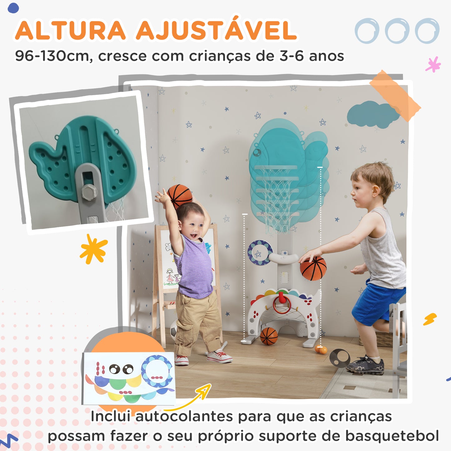 AIYAPLAY Cesta de Basquetebol Infantil 5 em 1 Cesta de Basquetebol para Crianças com Altura Ajustável com Tema Peixe Dourado Futebol Golf Jogo de Lançamento de Bola para Interior Multicolorido