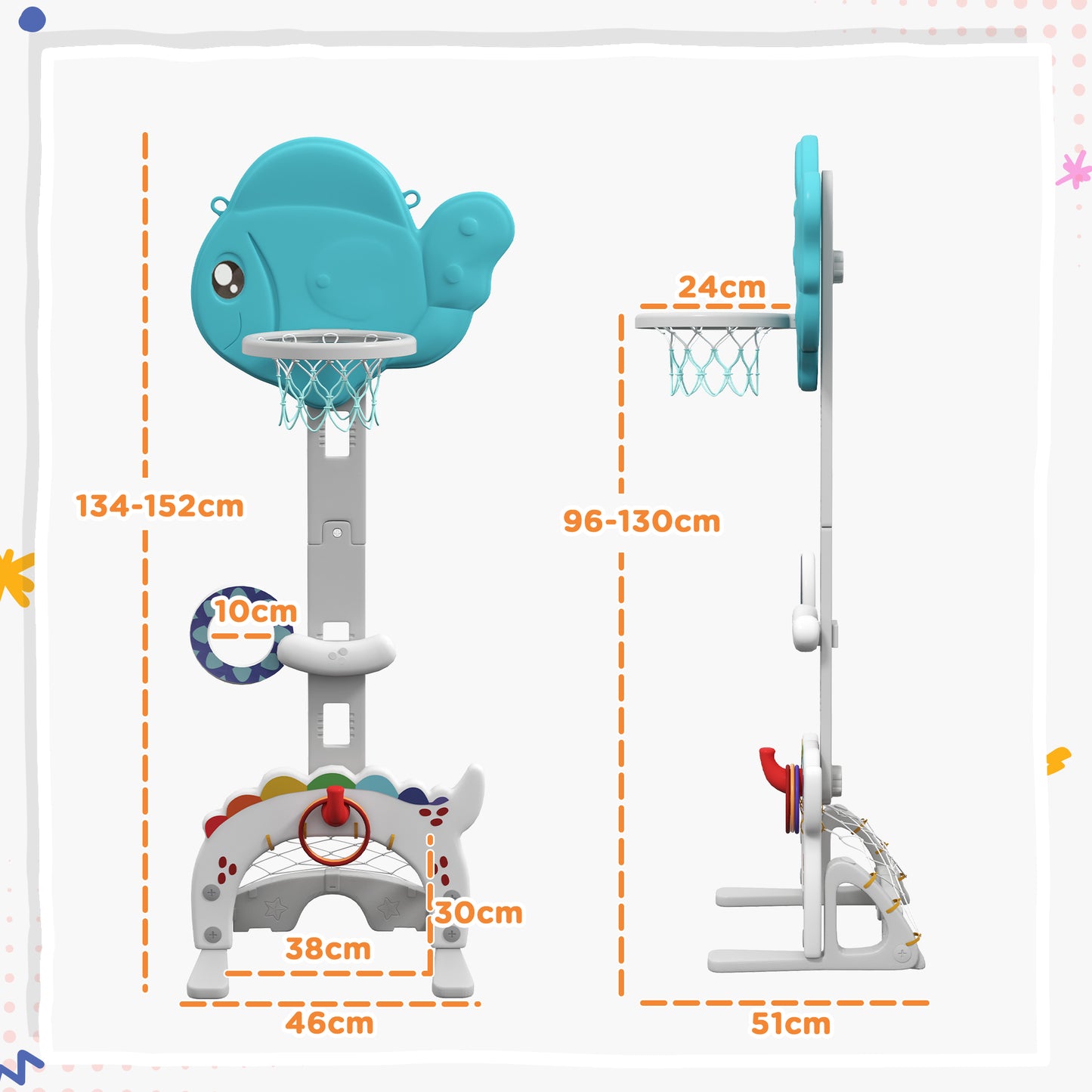 AIYAPLAY Cesta de Basquetebol Infantil 5 em 1 Cesta de Basquetebol para Crianças com Altura Ajustável com Tema Peixe Dourado Futebol Golf Jogo de Lançamento de Bola para Interior Multicolorido