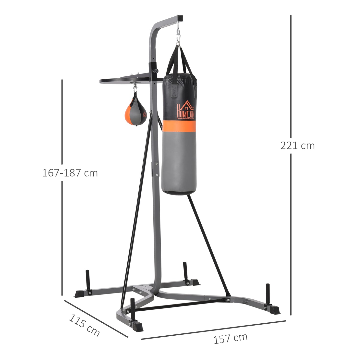 HOMCOM Saco de Boxe Suspenso com Suporte Bola de Velocidade Ajustável em Altura de 167-187cm e Inflador para Treinamento Fitness em Casa Ginásio 115x157x221 cm Preto e Cinza