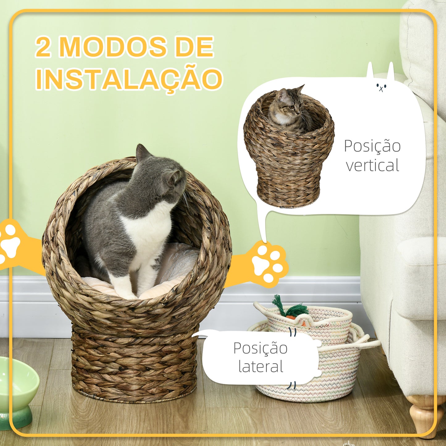 PawHut Cama para Gatos de Fibra Vegetal Caverna para Gatos Desmontável com Almofada Amovível 42x33x52 cm Marrom Escuro e Bege